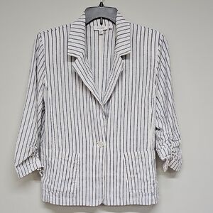 Chico's Linen Blend Striped Blazer, White Navy, Size 1 Or Medium